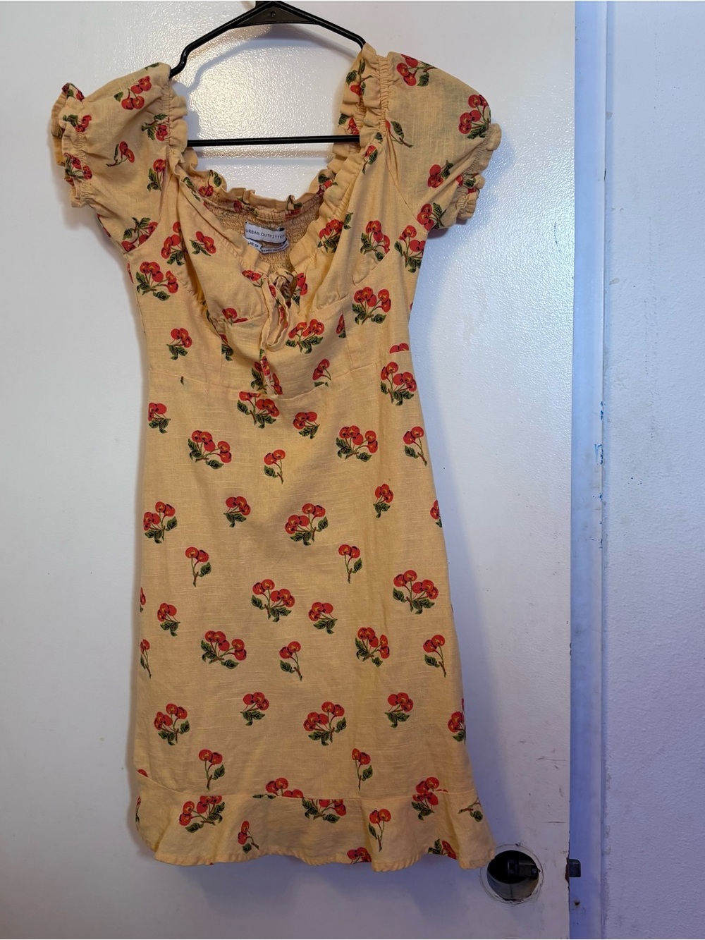 Urban Outfitters Yellow Cherry-Print Puff Sleeve Dress